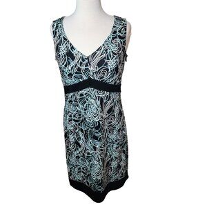 Loft Sheath Dress, Women 6, Black, Light Blue & White Swirl Print,Sleeveless,EUC